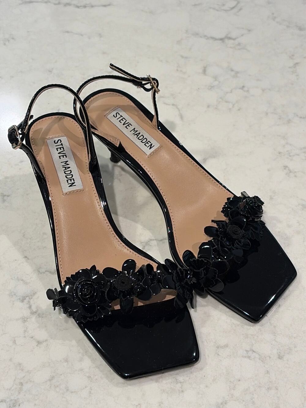 Steve Madden Women’s Rosalea Floral Slingback Heels Sandal Glam Size 6.5 Black